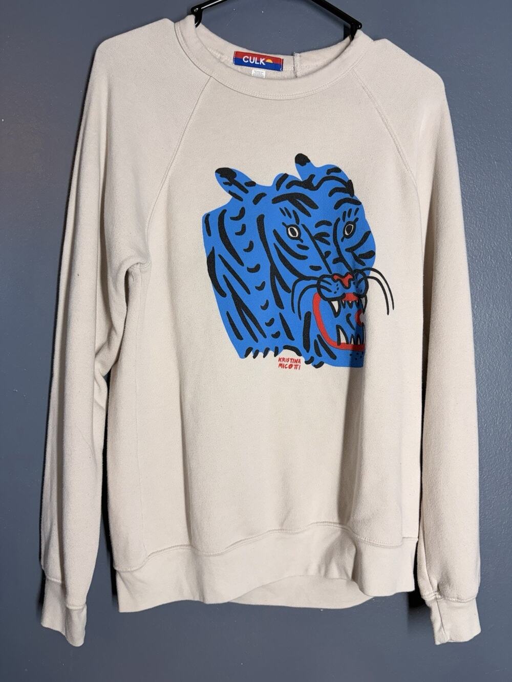 CULK Kristina Micotti Blue Tiger Graphic Fleece Sweatshirt Cream | Size Medium